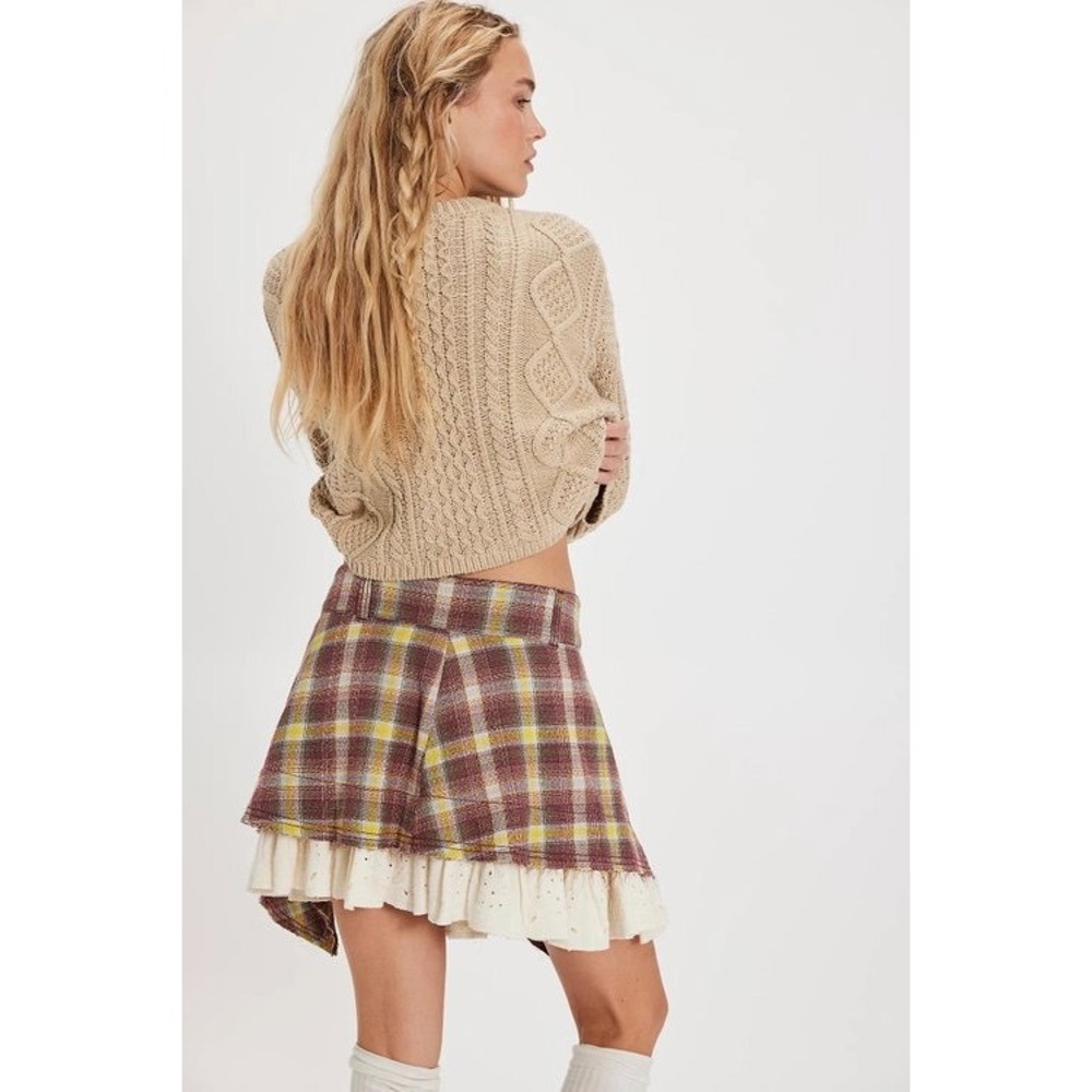 Free People Country Belle Plaid Mini Skirt Eyelet Ruffle Cottagecore NWT 4 / S - Picture 3 of 7